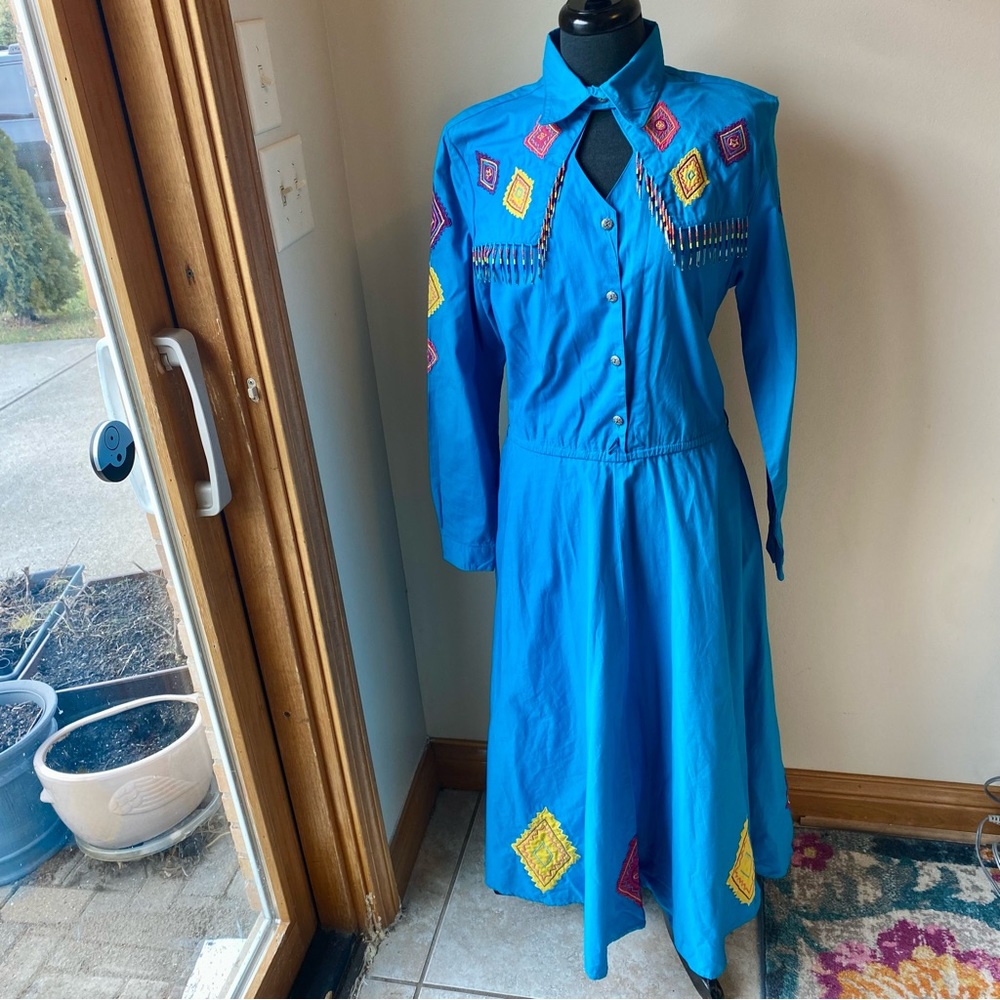 BLUE CANYON Western Wear Dress Turquoise Blue Fringe Rodeo Long Sleeve Cowgirl